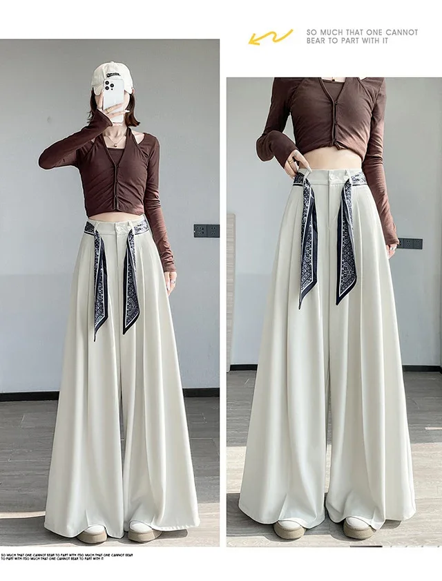 2025 New Women's Silk Belt Drapey Wide - Leg Pants Detail