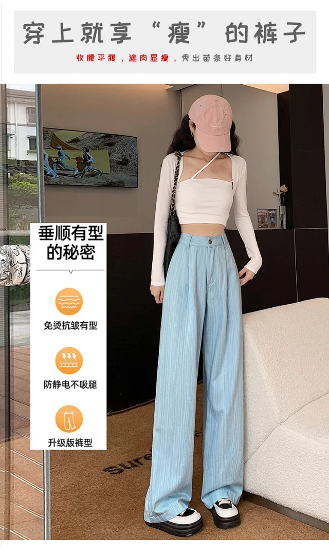 2025 Blue Striped Wide-Leg Pants for Pear-shaped Women Detail