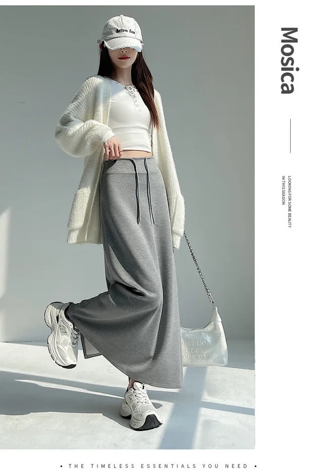 25 Korean Style Autumn-Winter Casual Drawstring Elastic Waist A-line Midi Skirt with Slit Detail