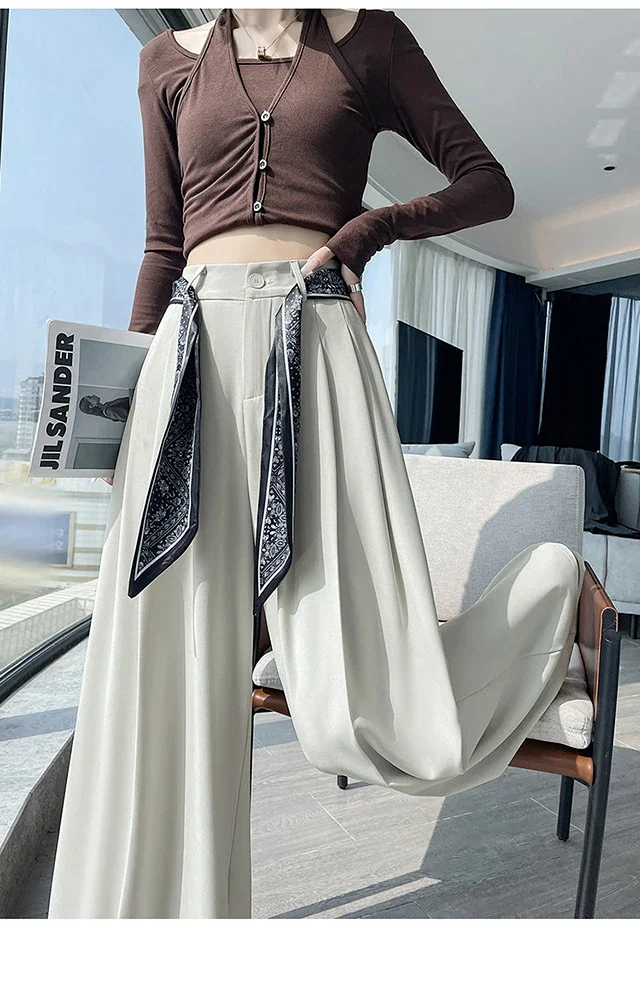 2025 New Women's Silk Belt Drapey Wide - Leg Pants Detail
