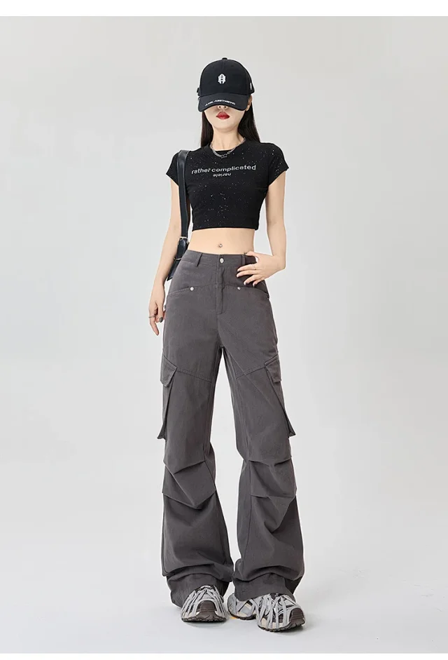 American Retro Pleated Multi-pocket Streetwear Cargo Pants Detail