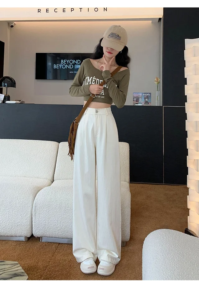 2025 Blue Striped Wide-Leg Pants for Pear-shaped Women Detail