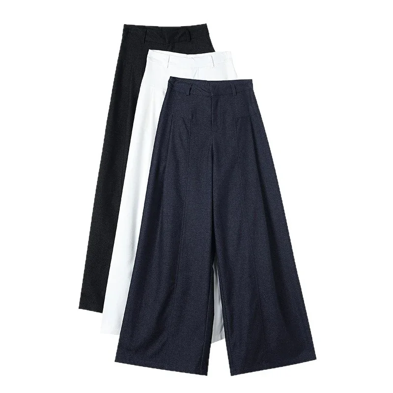 2025 Fall Old Money Style Navy Faux Denim Wide-Leg Pants for Women