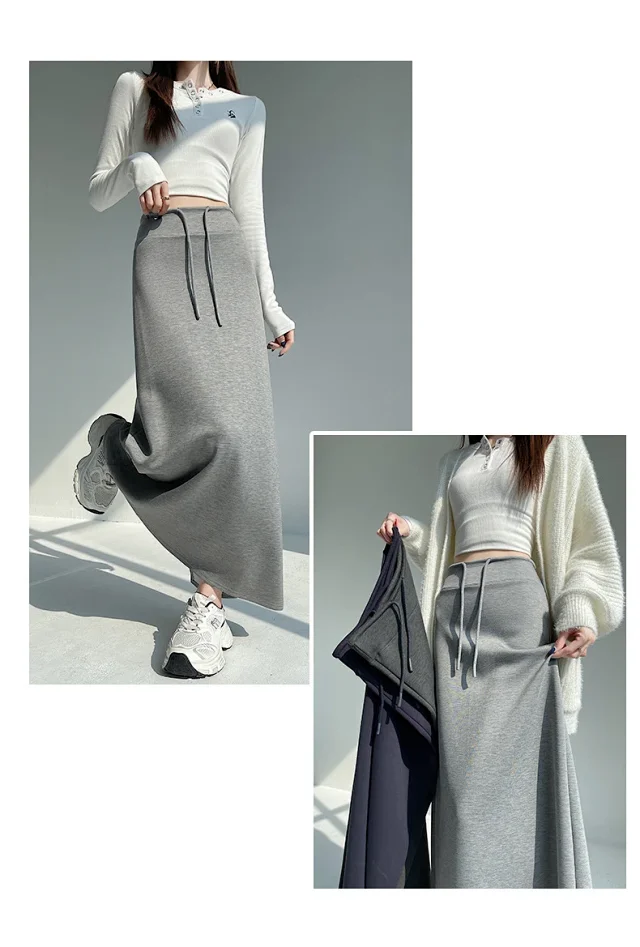 25 Korean Style Autumn-Winter Casual Drawstring Elastic Waist A-line Midi Skirt with Slit Detail