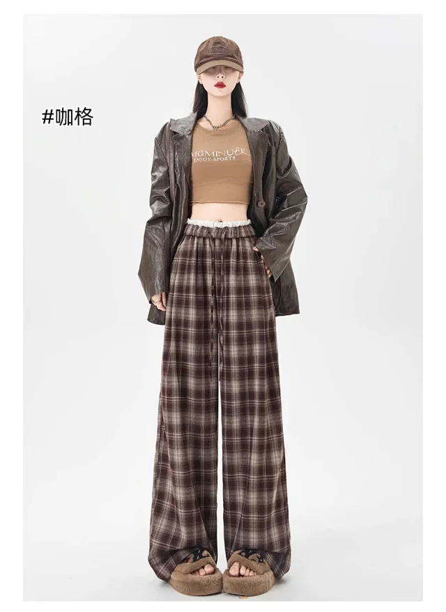 Lace Trimmed Plaid Wide-Leg Pants for Women Detail