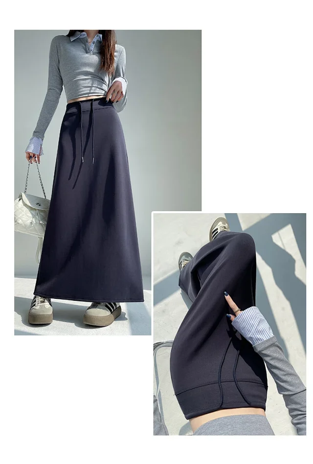 25 Korean Style Autumn-Winter Casual Drawstring Elastic Waist A-line Midi Skirt with Slit Detail