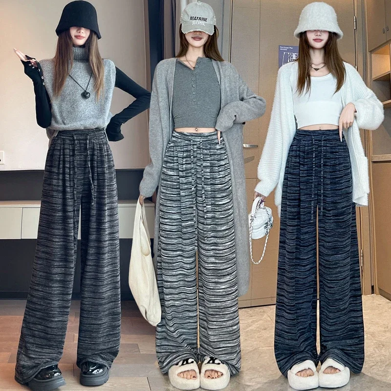 Autumn Winter New Lazy Snowflake Striped High - Waisted Wide - Leg Pants