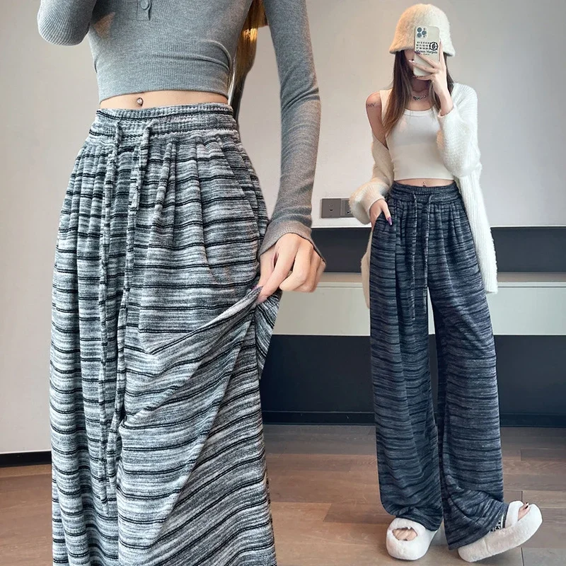 Autumn Winter New Lazy Snowflake Striped High - Waisted Wide - Leg Pants