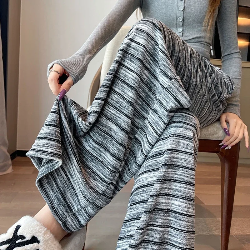Autumn Winter New Lazy Snowflake Striped High - Waisted Wide - Leg Pants