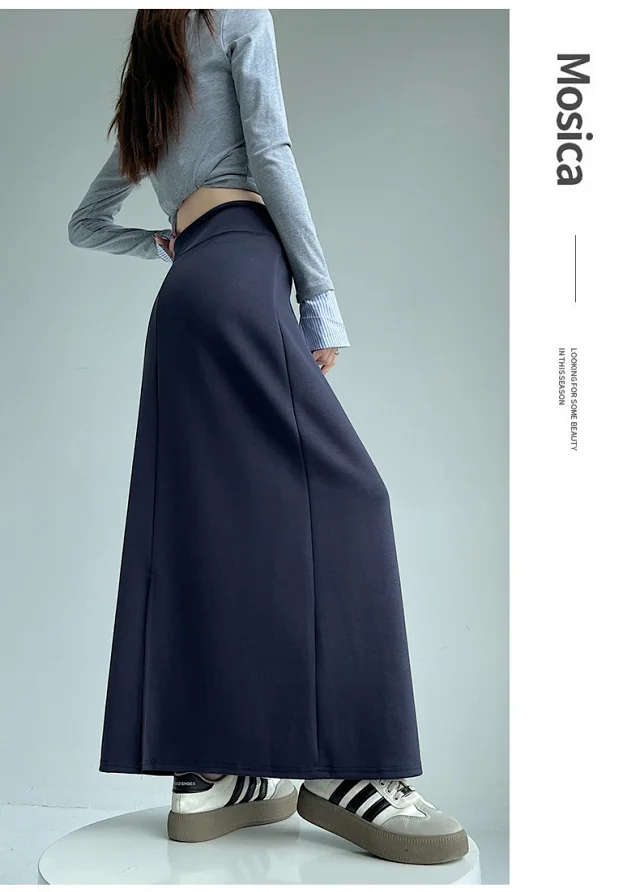 25 Korean Style Autumn-Winter Casual Drawstring Elastic Waist A-line Midi Skirt with Slit Detail