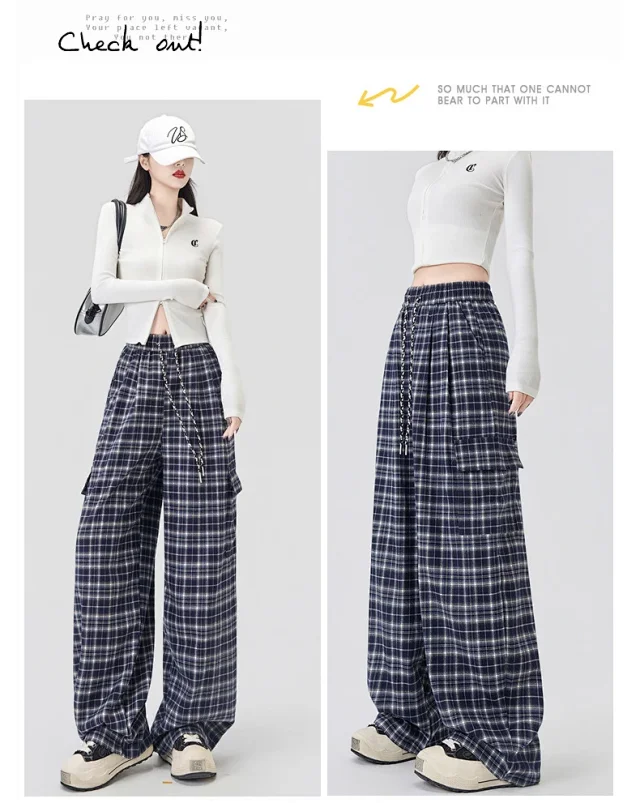 Stylish Plaid Wide-Leg Cargo Pants for Women Detail