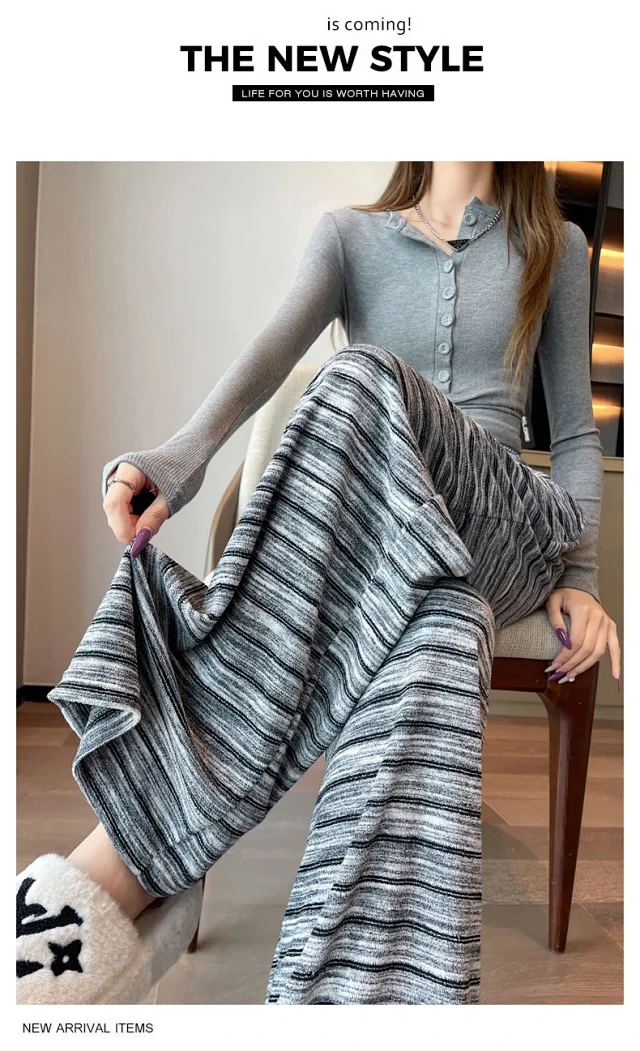 Autumn Winter New Lazy Snowflake Striped High - Waisted Wide - Leg Pants Detail