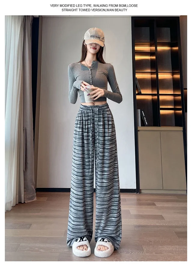 Autumn Winter New Lazy Snowflake Striped High - Waisted Wide - Leg Pants Detail