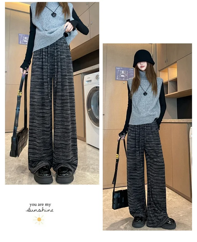 Autumn Winter New Lazy Snowflake Striped High - Waisted Wide - Leg Pants Detail