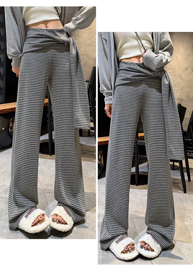 Women's 2025 Autumn Strap Striped Wide - leg Pants Detail