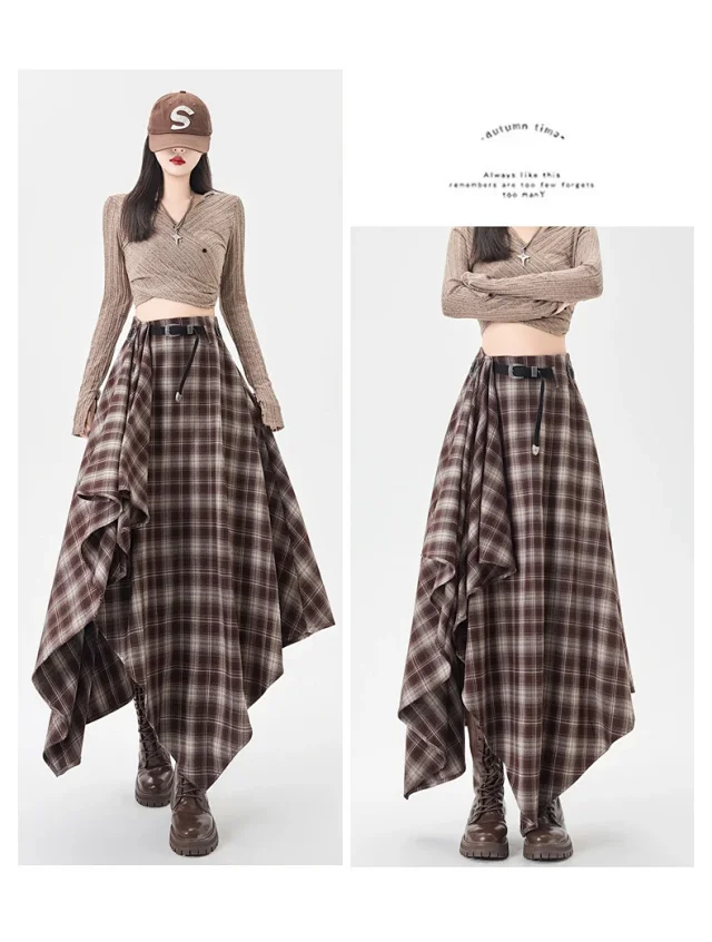 2025 Fall New Korean Black Plaid Irregular High-Waist Midi Skirt for Petite Cuties Detail