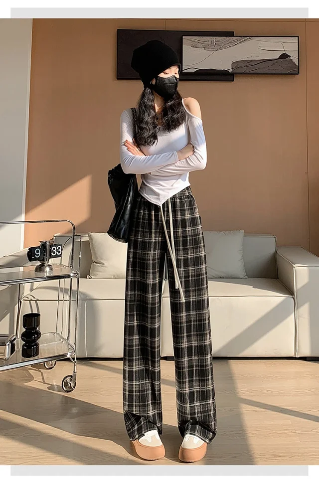 2025 Spring Maillard Plaid Wide-Leg Pants Detail