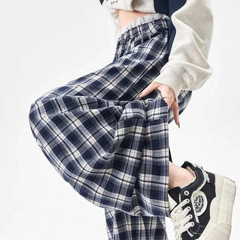 Lace Trimmed Plaid Wide-Leg Pants for Women