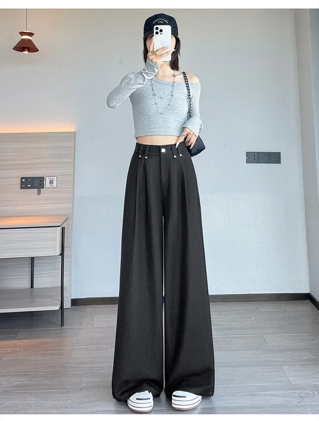 2025 Autumn Denim Blue High - waisted Wide - leg Pants for Women Detail