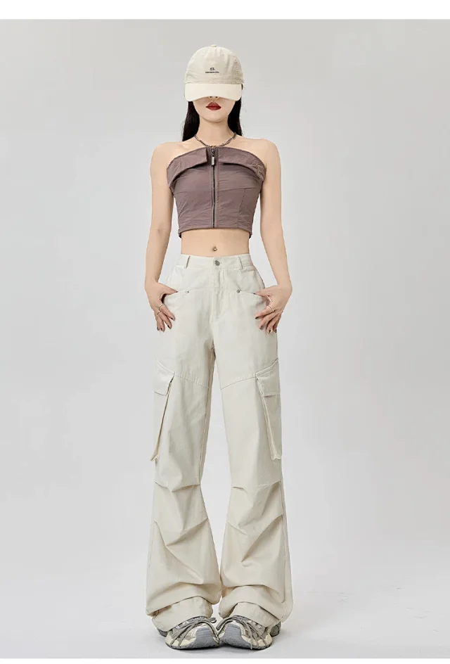 American Retro Pleated Multi-pocket Streetwear Cargo Pants Detail