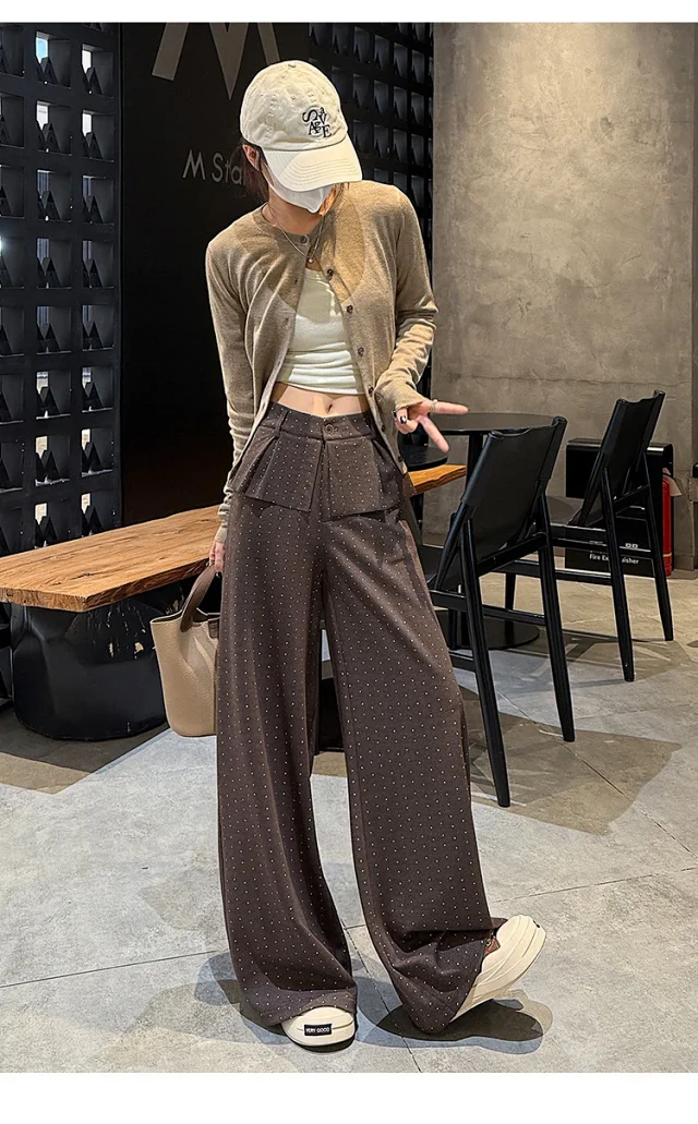 2025 AW Korean Ins Woolen Polka Dot Wide-Leg Pants Detail
