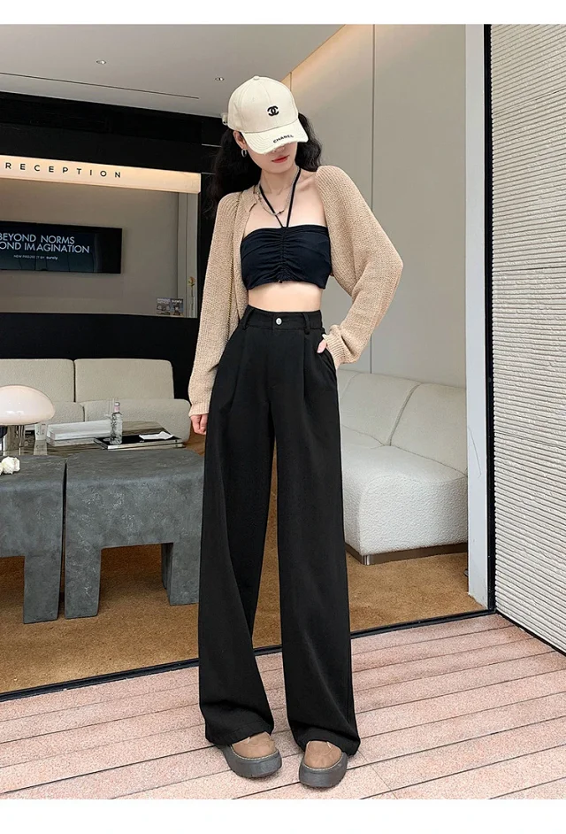 2025 Blue Striped Wide-Leg Pants for Pear-shaped Women Detail