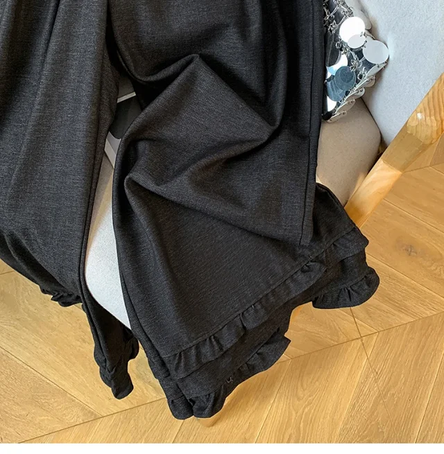 2025 Autumn New Thickened Tencel Denim Ruffle Trim Relaxed Fit Straight Cropped Pants for Women Detail