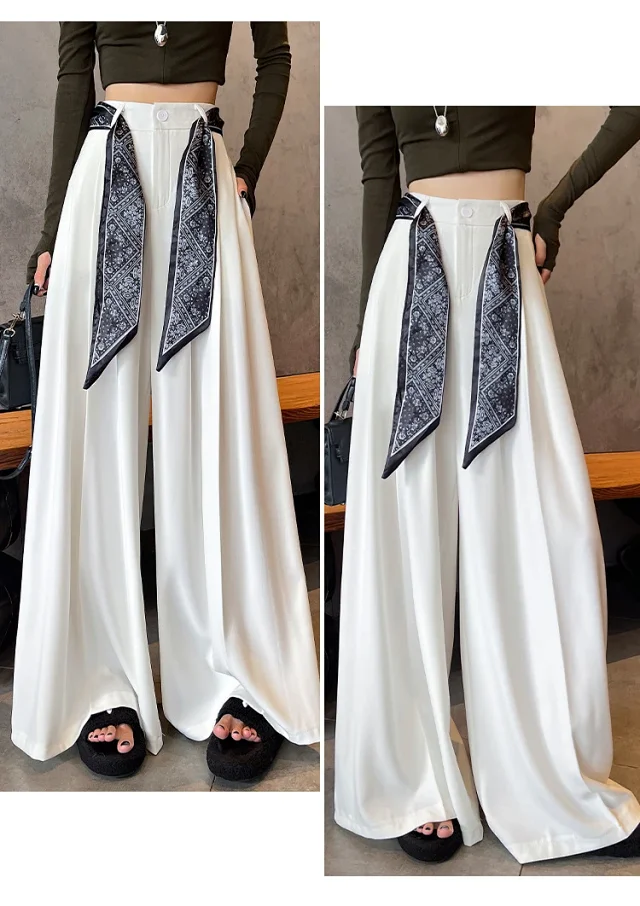 2025 Women's Silk-belted Drapey Wide-leg Pants Detail