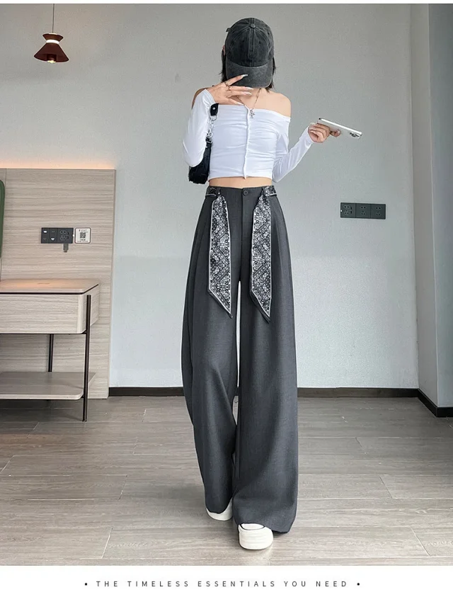 2025 Women's Wide-Leg High-Waist Suit Pants with Scarf Belt Detail