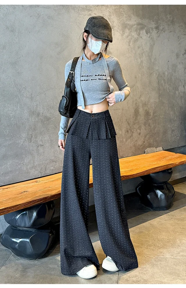 2025 AW Korean Ins Woolen Polka Dot Wide-Leg Pants Detail