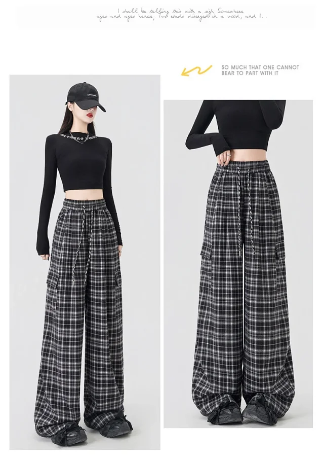 Stylish Plaid Wide-Leg Cargo Pants for Women Detail