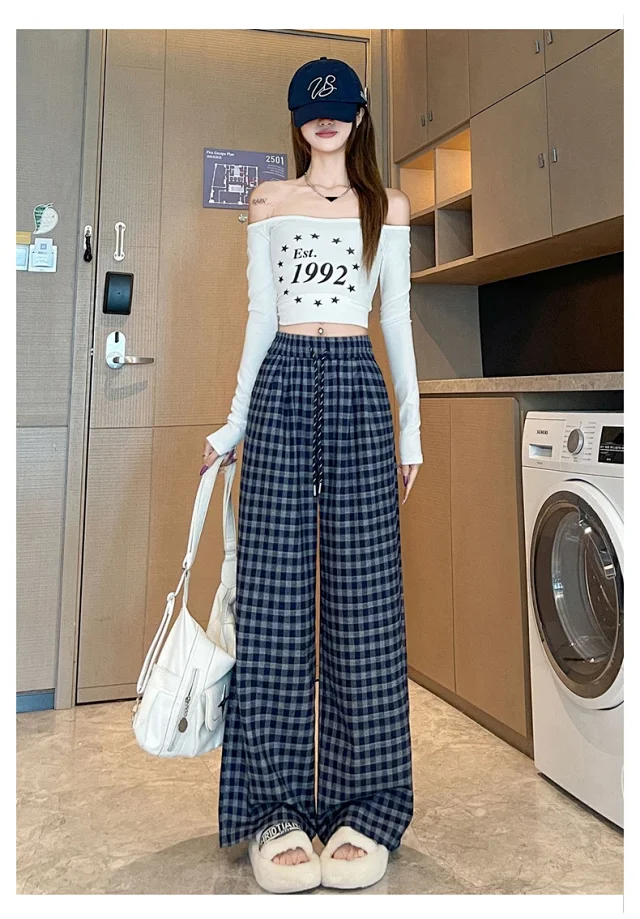 Early Autumn Vintage Plaid Wide-leg Pants Detail