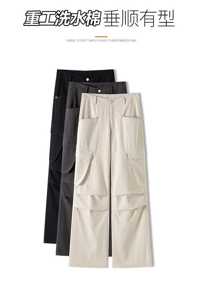American Retro Pleated Multi-pocket Streetwear Cargo Pants Detail