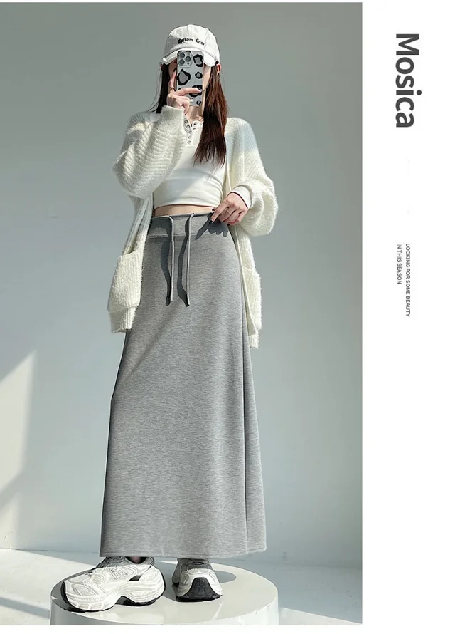 25 Korean Style Autumn-Winter Casual Drawstring Elastic Waist A-line Midi Skirt with Slit Detail