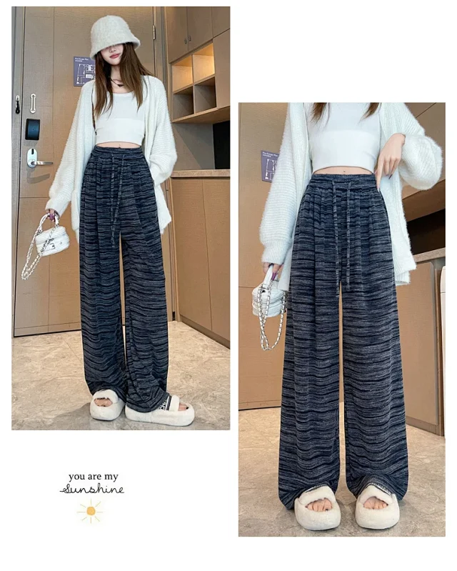 Autumn Winter New Lazy Snowflake Striped High - Waisted Wide - Leg Pants Detail