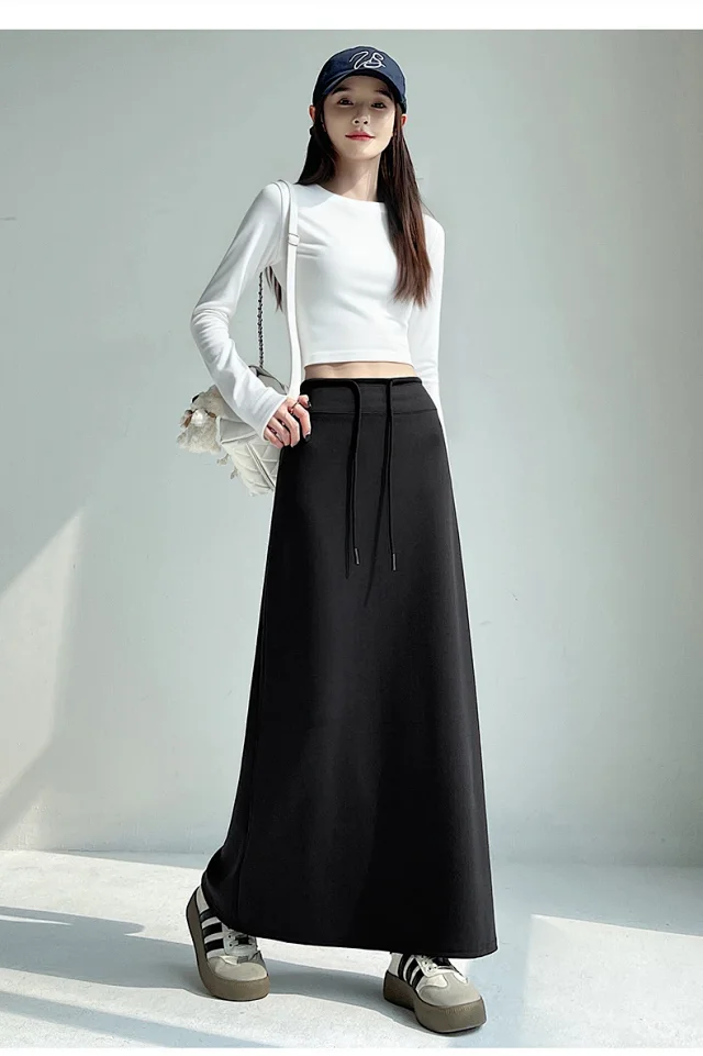 25 Korean Style Autumn-Winter Casual Drawstring Elastic Waist A-line Midi Skirt with Slit Detail