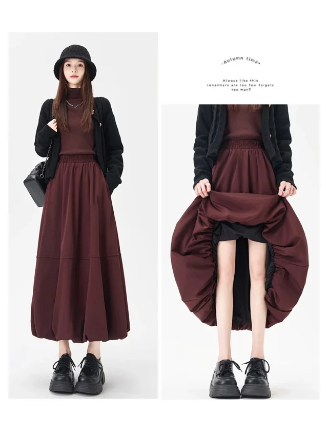 2025 Fall Korean High - Waist A - Line Lantern Midi Skirt Detail