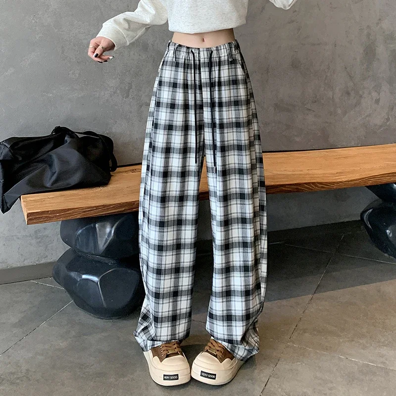 Women's 2025 Fall High-Waist Drawstring Plaid Pants