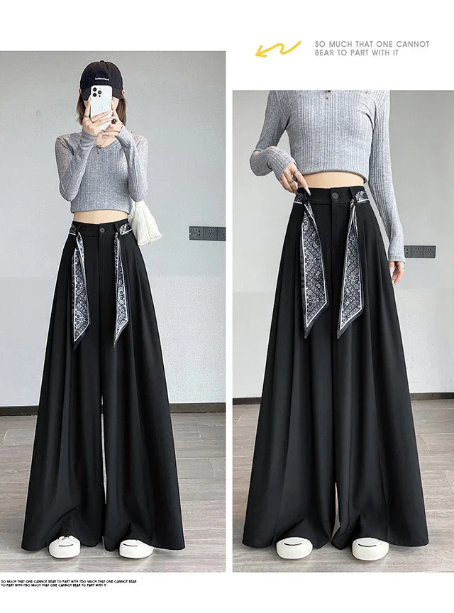 2025 New Women's Silk Belt Drapey Wide - Leg Pants Detail