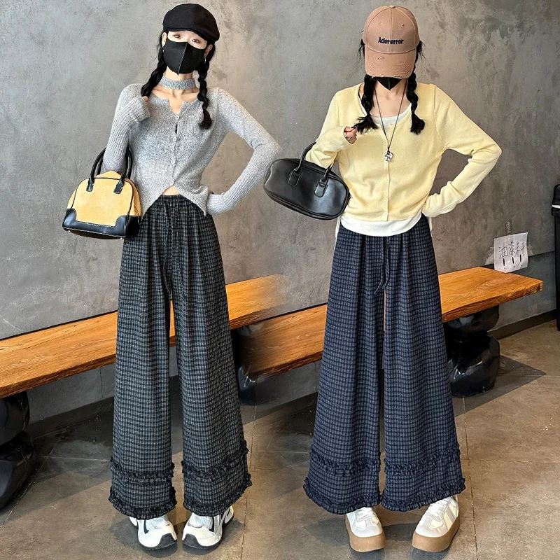 2025 Autumn Women's Ruffled Plaid Wide - leg Pants