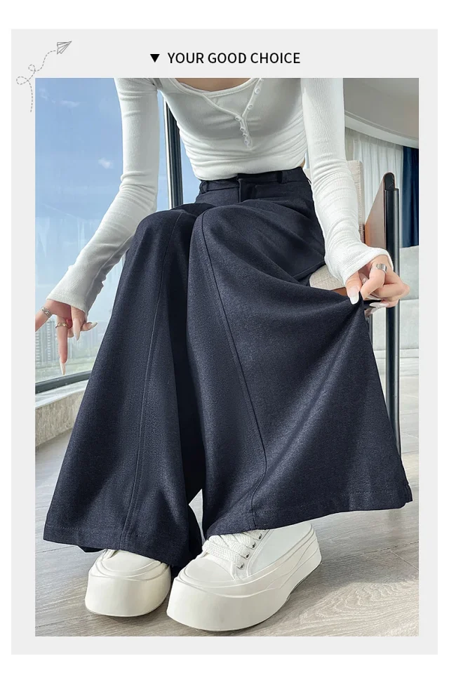 2025 Fall Old Money Style Navy Faux Denim Wide-Leg Pants for Women Detail