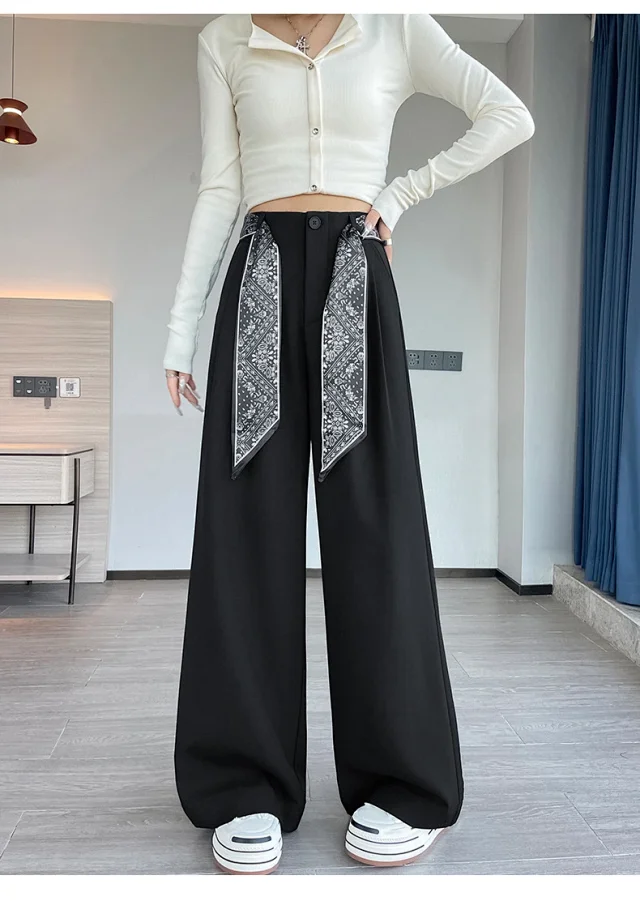 2025 Women's Wide-Leg High-Waist Suit Pants with Scarf Belt Detail