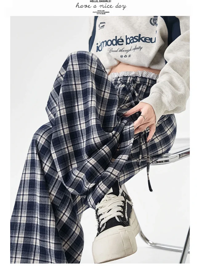 Lace Trimmed Plaid Wide-Leg Pants for Women Detail