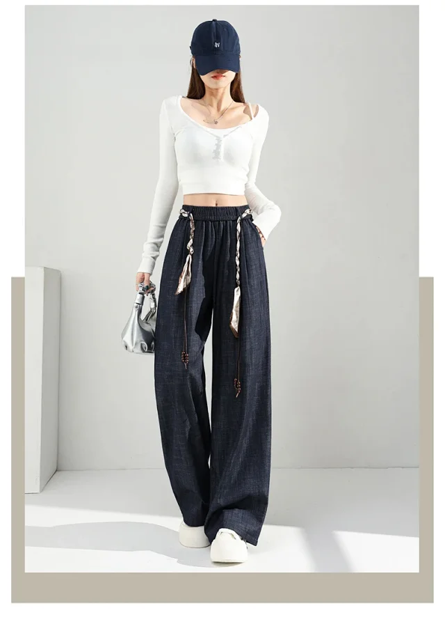 Women's 2025 Early Autumn Silk Scarf Tie Wide-Leg Pants Detail