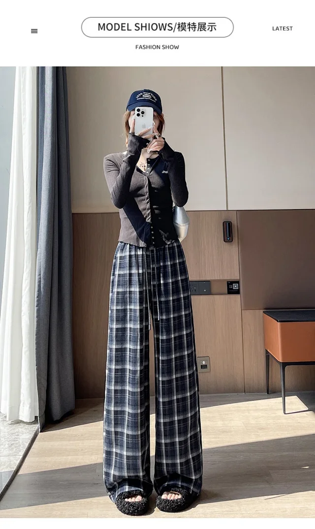Women's Vintage Plaid Loose High-Waist Pants Detail