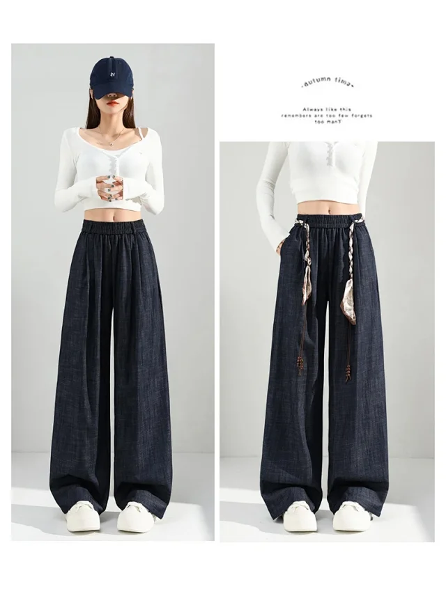 Women's 2025 Early Autumn Silk Scarf Tie Wide-Leg Pants Detail