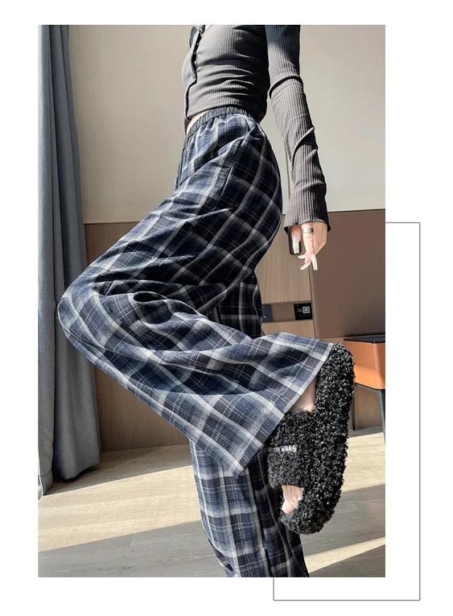 Women's Vintage Plaid Loose High-Waist Pants Detail