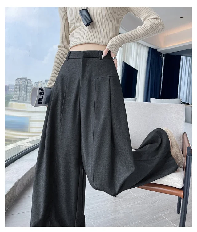 2025 Fall Old Money Style Navy Faux Denim Wide-Leg Pants for Women Detail