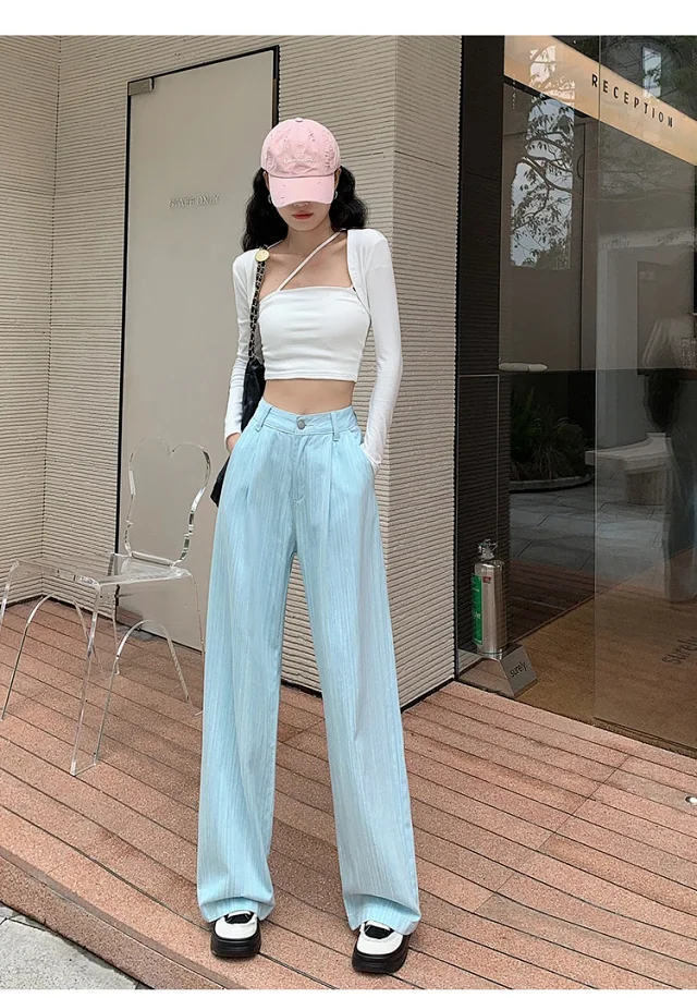 2025 Blue Striped Wide-Leg Pants for Pear-shaped Women Detail