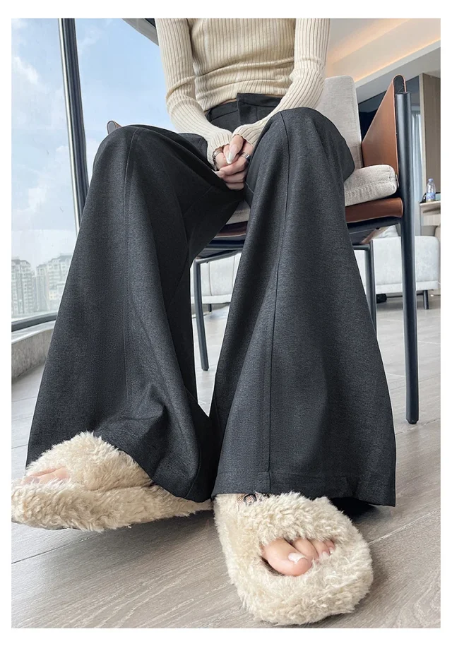 2025 Fall Old Money Style Navy Faux Denim Wide-Leg Pants for Women Detail